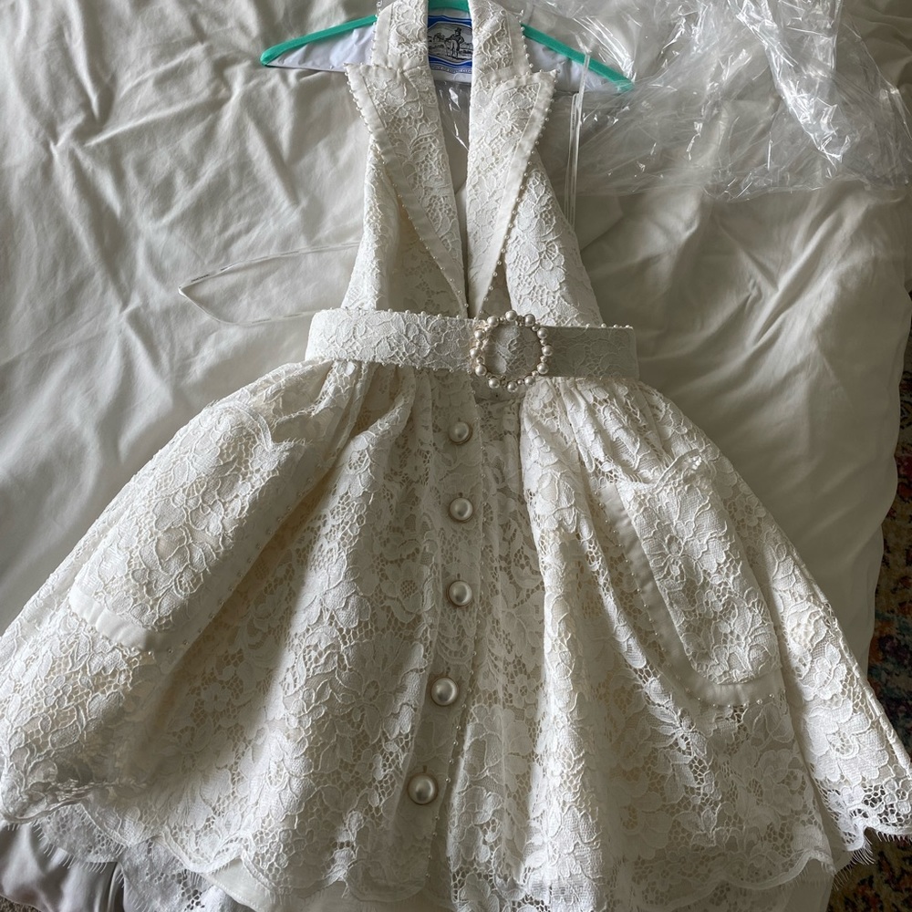 Zimmerman High Tide belted embellished corded lace halterneck mini dress, size 0